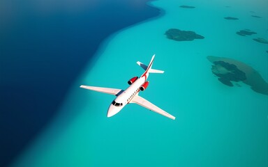Fototapeta premium Aerial View of Airplane Flying Over Vibrant Blue and Turquoise Tropical Waters. High quality