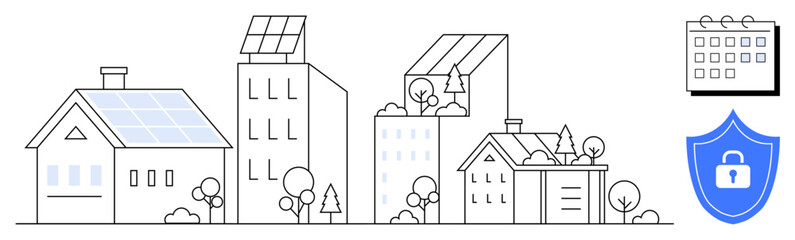 Buildings with solar panels, greenery, and trees. Calendar and security shield represent planning and safety. Ideal for sustainability, renewable energy, architecture, planning, eco-living safety
