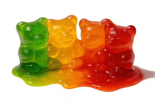 Colorful melting gummy bears forming a sweet gelatin candy in a vibrant rainbow pattern on transparent background