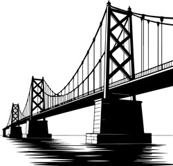 truss bridge with intricate geometric support structures and solid pillar foundations