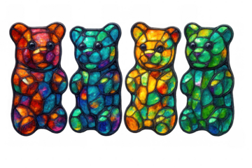 Gummy bears showing colorful stained glass style patterns, creating a mosaic art concept. Image featuring a transparent background
