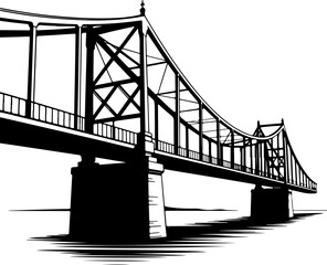 truss bridge with intricate geometric support structures and solid pillar foundations