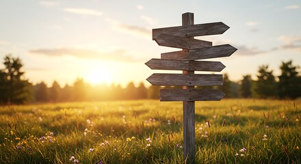 Blank Wooden Directional Sign in a Field at Sunset