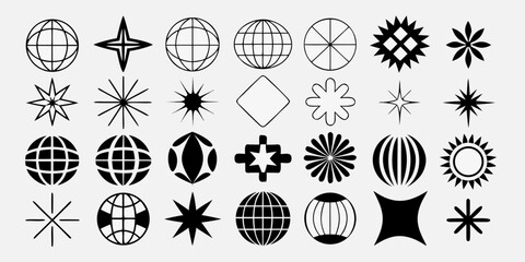 Collection of abstract geometric shapes and stylized globes in black on a light gray background