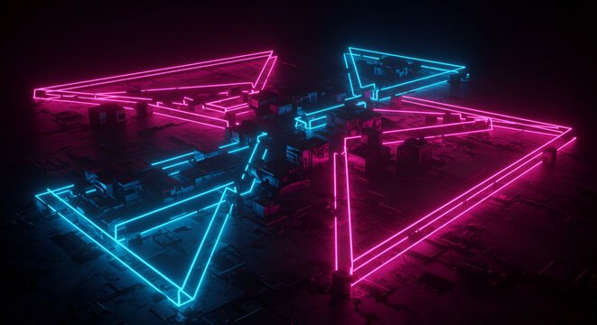 Futuristic Neon Triangles Abstract Geometric Design with Reflective Dark Surface - Powered by Adobe