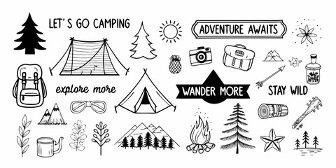 Hand drawn doodle elements for camping and outdoor adventure with inspirational quotes like lets go camping and adventure awaits