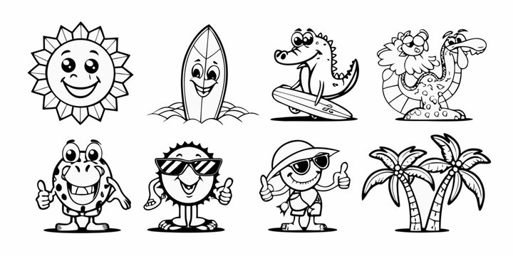 Collection of cartoon summer characters and elements for coloring pages and design