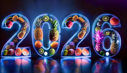 the number 2026 from fruits and neon lights