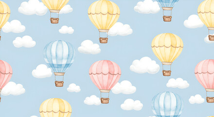 Pastel hot air balloons and fluffy clouds pattern on a light blue background
