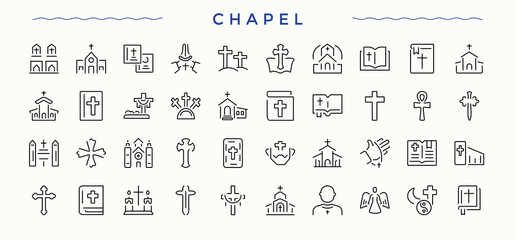 Chapel Religion icon. Includes symbols for catholic, bible, church, spirit, christian, catholicism, ritual and more. Icons for UI design. Editable stroke. Vector collection. Catholic icon set.