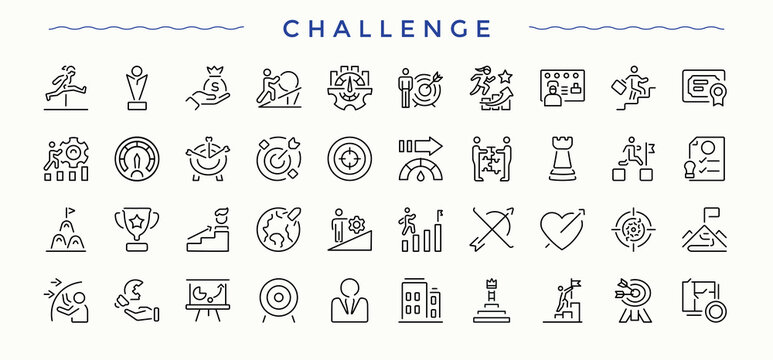 Challenge icon set. Modern thin line style icons. Includes symbols for target, difficulty, exam, achievement, work. Editable vector. Exam icon set.