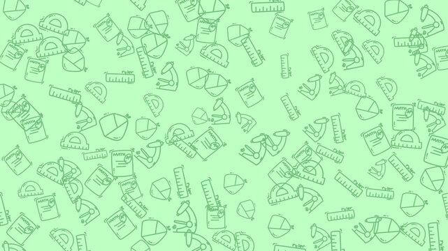 Animated Science and Math Doodle Pattern. Seamless Loop with Popping School Icons on Green Background