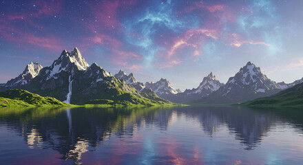 Serene Mountain Lake Reflection Under a Nebula Sky, A Breathtaking Natural Wonder