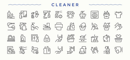 Cleaner line icon set. Containing disinfect, sweep, cleaner, house wash, housekeeping and more. Disinfect related icon set. Outline symbol collection. Editable vector.