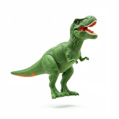 Obraz premium Green toy dinosaur with open mouth and orange tail accents.
