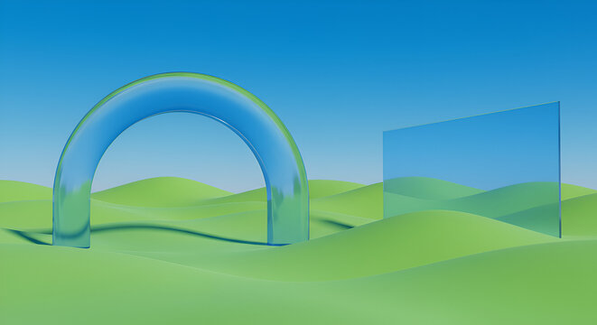 Surreal green hills landscape with glass arch and panel under a clear blue sky