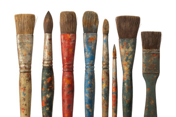 Used artist paintbrushes with colorful paint stains, tool for art creativity, painting and craft work on transparent background