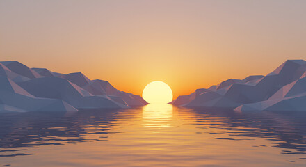 Naklejka premium Tranquil sunset scenery with water reflections and geometric mountains