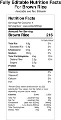 Whole Grain Brown Rice Nutrition Facts Label Vector EPS. High Fiber Cereal Infographic for Organic Food Packaging Design.