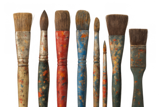 Used artist paintbrushes with colorful paint stains, tool for art creativity, painting and craft work on transparent background