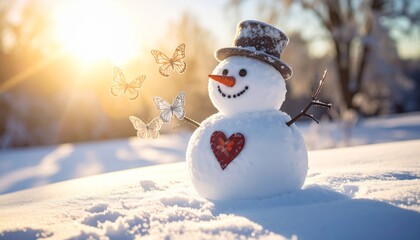 Obraz premium Festive Winter Scene of Snowman with Butterflies and Sunlight Scenery
