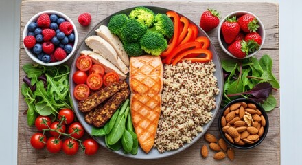 Balanced Healthy Food Flat Lay, A vibrant and colorful plate showcasing a healthy and balanced meal.