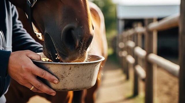 Close-up of a horse eating grain from a bowl held by a person in stable outdoor