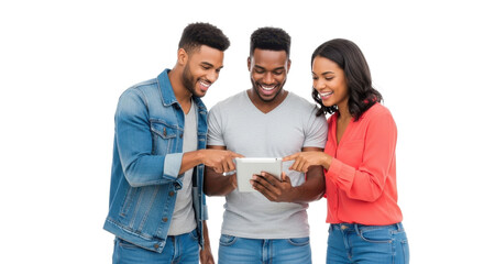 Joyful friends collaborating on a tablet device, sharing exciting digital content and creating lasting memories together.