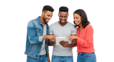 Joyful friends collaborating on a tablet device, sharing exciting digital content and creating lasting memories together.