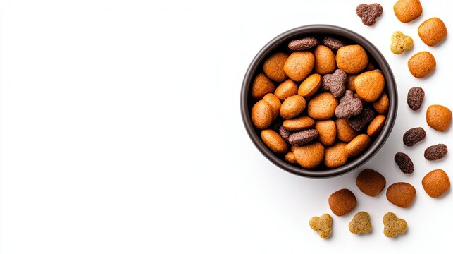 Assorted Dog Treats in Bowl on White Background, High-resolution advertising concept of realistic pet food for premium brands and campaigns