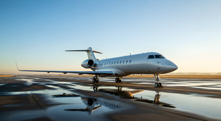 Obraz premium Private Jet on Wet Tarmac at Sunset