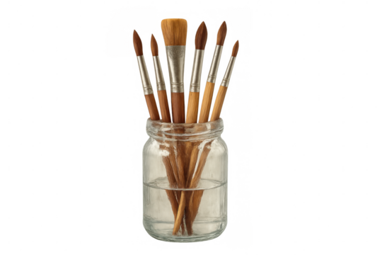 Artist paintbrushes in water jar, cleaning and organizing art supplies for painting, transparent background
