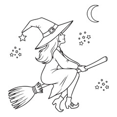 Witch Flying on Broomstick Halloween Coloring Page Vector