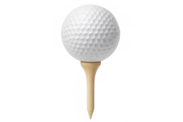 Golf ball resting on wooden tee, ready for swing, representing sport, precision, and leisure activity