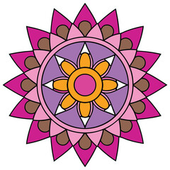 Vector art of vibrant and intricate mandala design featuring a harmonious blend of pink, purple, and orange hues in a symmetrical floral pattern