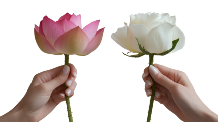 Two hands holding a pink lotus and a white rose isolated on transparent background