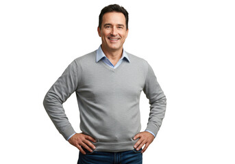 Smiling man in grey sweater isolated on transparent background