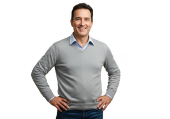 Smiling man in grey sweater isolated on transparent background
