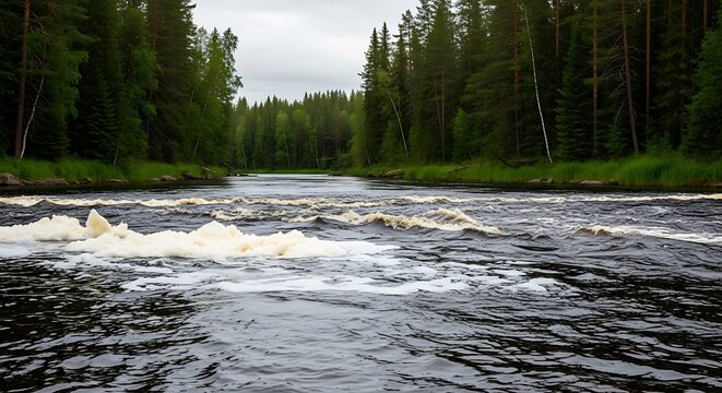 Rushing River Through a Dense Forest Landscape.