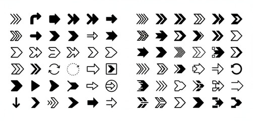 High-quality vector set of directional arrow icons in various styles and orientations. Includes straight, curved, circular, and dashed arrows, chevrons, and pointers-perfect for UI UX design