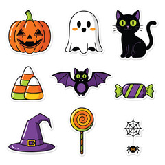 Halloween sticker pack – pumpkin, ghost, black cat, bat, candy, witch hat, lollipop, spider web.
