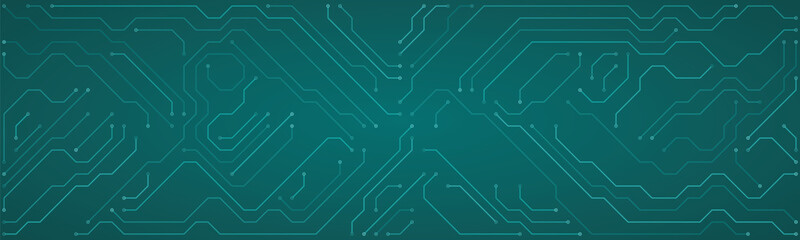 Futuristic teal circuit board pattern with intricate lines and nodes on a dark teal gradient background, representing technology and data flow
