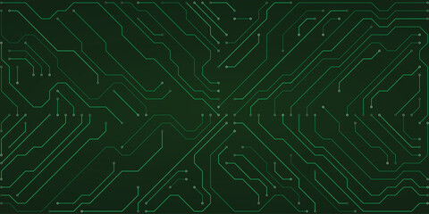 Vibrant green circuit board pattern with sharp lines and square nodes on a dark green gradient background, illustrating digital networks and electronic pathways