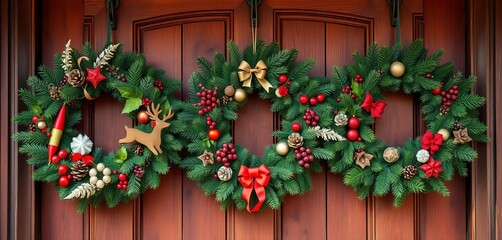 Fototapeta premium A trio of festive Christmas wreaths, each adorned with unique natural and artificial elements, hanging on a rustic wooden door, spruce, wooden door