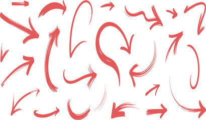 Hand drawn red arrow set, sketch brush arrows collection, decorative direction symbols, curved pointers, isolated vector illustration