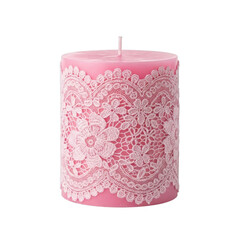 Pink Pillar Candle with White Lace Overlay isolated on a transparent background