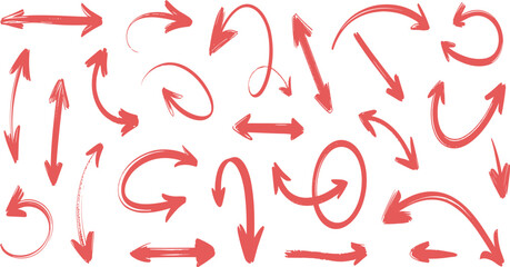 Hand drawn red arrows collection, sketch direction symbols, curved brush pointers, decorative navigation elements for graphic design projects