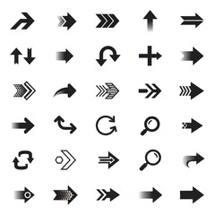 High-quality vector set of directional arrow icons in various styles and orientations. Includes straight, curved, circular, and dashed arrows, chevrons, and pointers-perfect for UI UX design