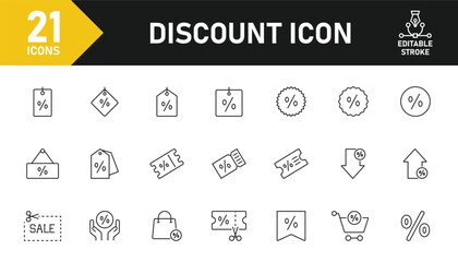Discount line icon set. Set of 21 outline icons related to sale, coupon, discount, promotion, price tag, e-commerce, shop, cashback and others. Editable stroke. Vector illustration.