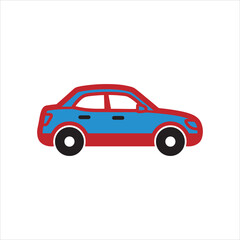 Obraz premium Modern blue sedan car with yellow roof and red accents side view